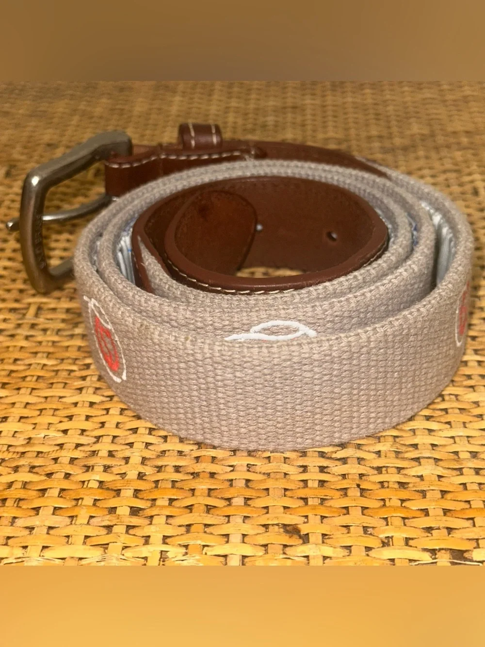 REEL POINT SHELTER ISLAND Embroidered Golf Belt Mens Size 38 Leather Preppy Tan